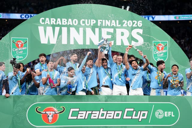 Manchester City celebrate with the Carabao Cup 