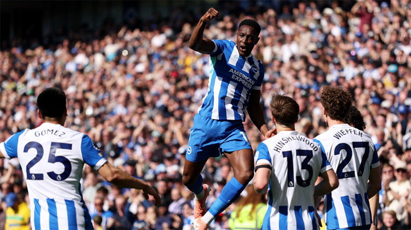 Danny Welbeck celebrates scoring the first goal as Brighton beat Liverpool 2-1 at the Amex