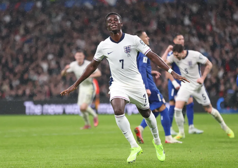England's Bukayo Saka celebrates scoring his side's first goal during the FIFA World Cup 2026 qualifier match between England and Serbia