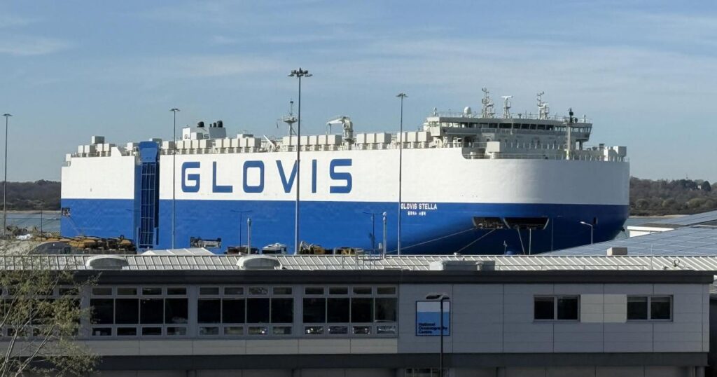 Huge vehicle carrier ship Glovis Stella docks at Southampton