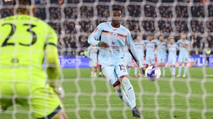 Brentford's Dango Ouattara misses his penalty during a shootout with West Ham in the FA Cup