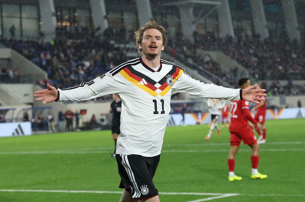 Nick Woltemade of Germany celebrates scoring against Luxembourg
