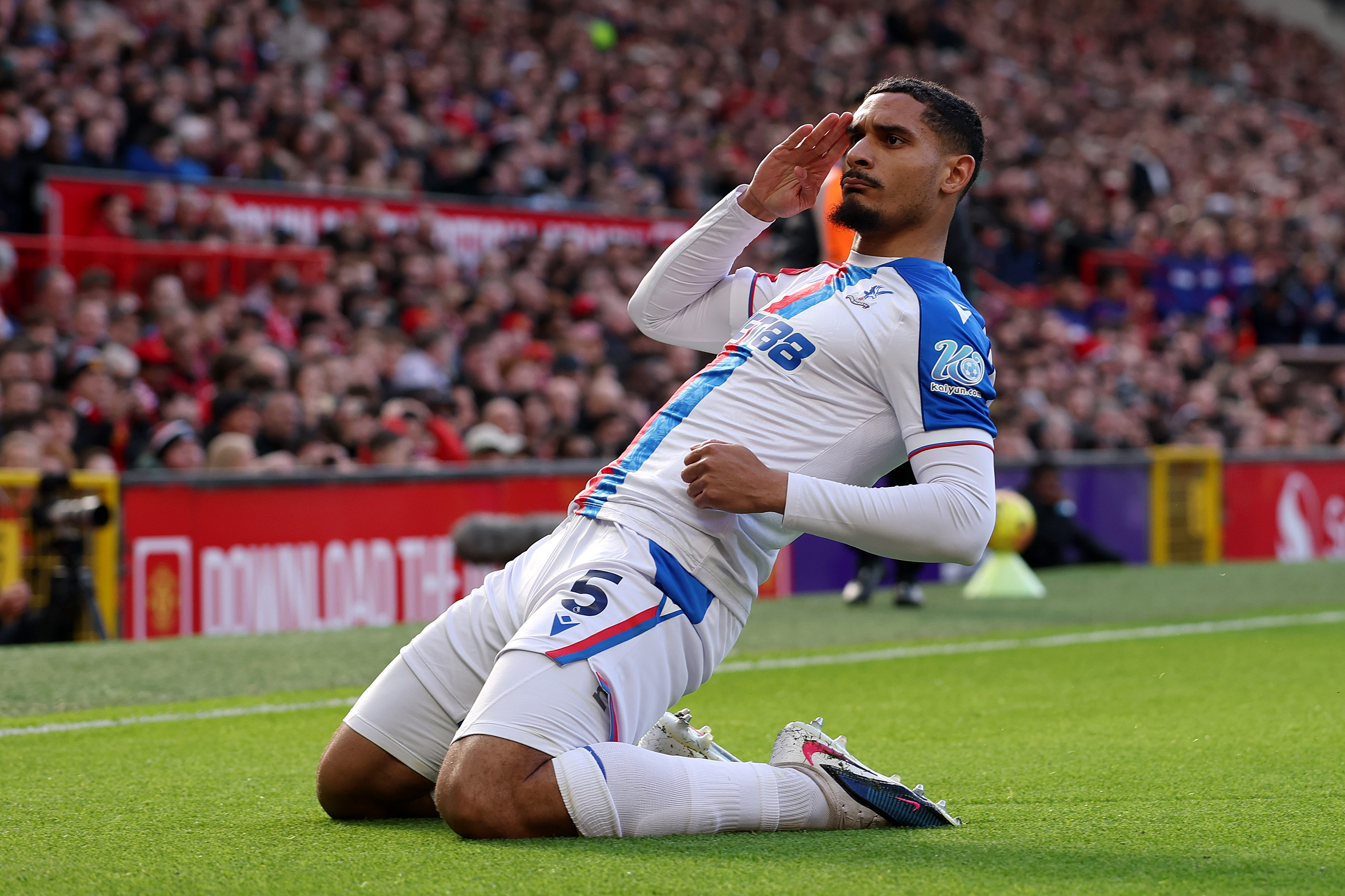 Maxence Lacroix of Crystal Palace celebrates scoring his team's first goal.