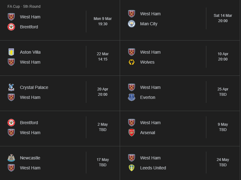 West Ham only leave London twice in our final 10 games