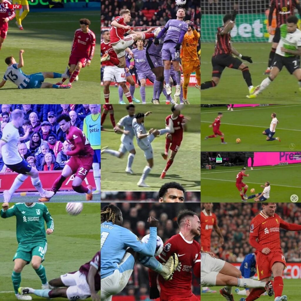 Tackle on Jones added to the collage of ‘tackles OK to make against a Liverpool player’. Special shout to Macca’s own collage, tackle on Wirtz in the prior kit Brighton game, and the PL’s official rule page.