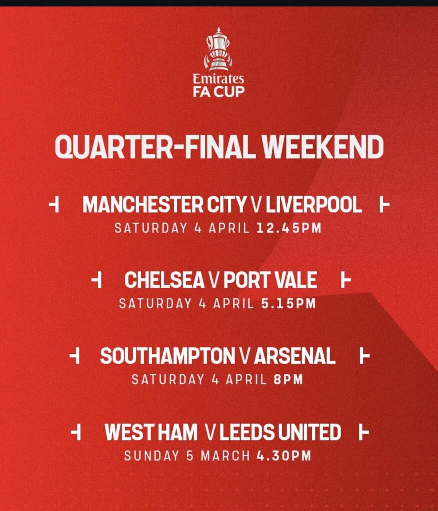 [TNT Sports Football] Timings and Dates of FA Cup Quarterfinal Fixtures
