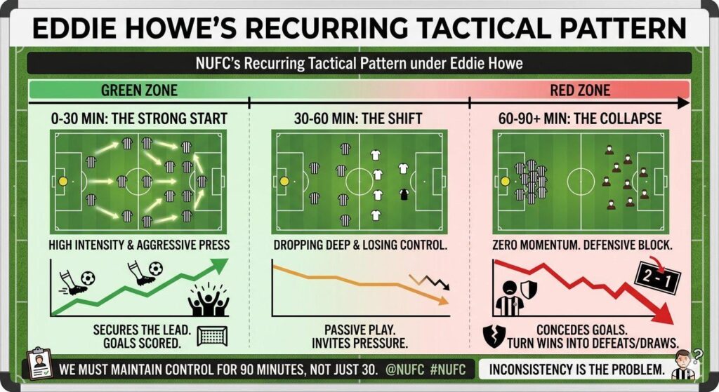 Found this on Twitter. The problem with Eddie Howe is we almost ALWAYS play the same way, no matter the depth, the players we have on the pitch and the opposition - 30 minutes of intense football and pray we don't drop off.