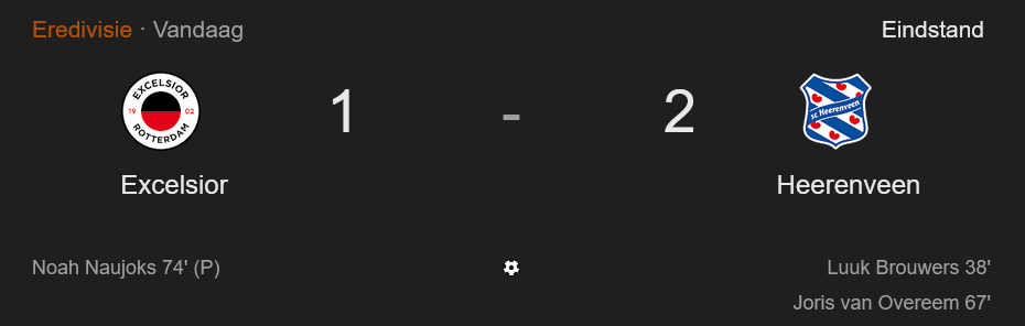 Heerenveen wint nipt van Excelsior en mengt zich in de strijd om Europese plaatsing.