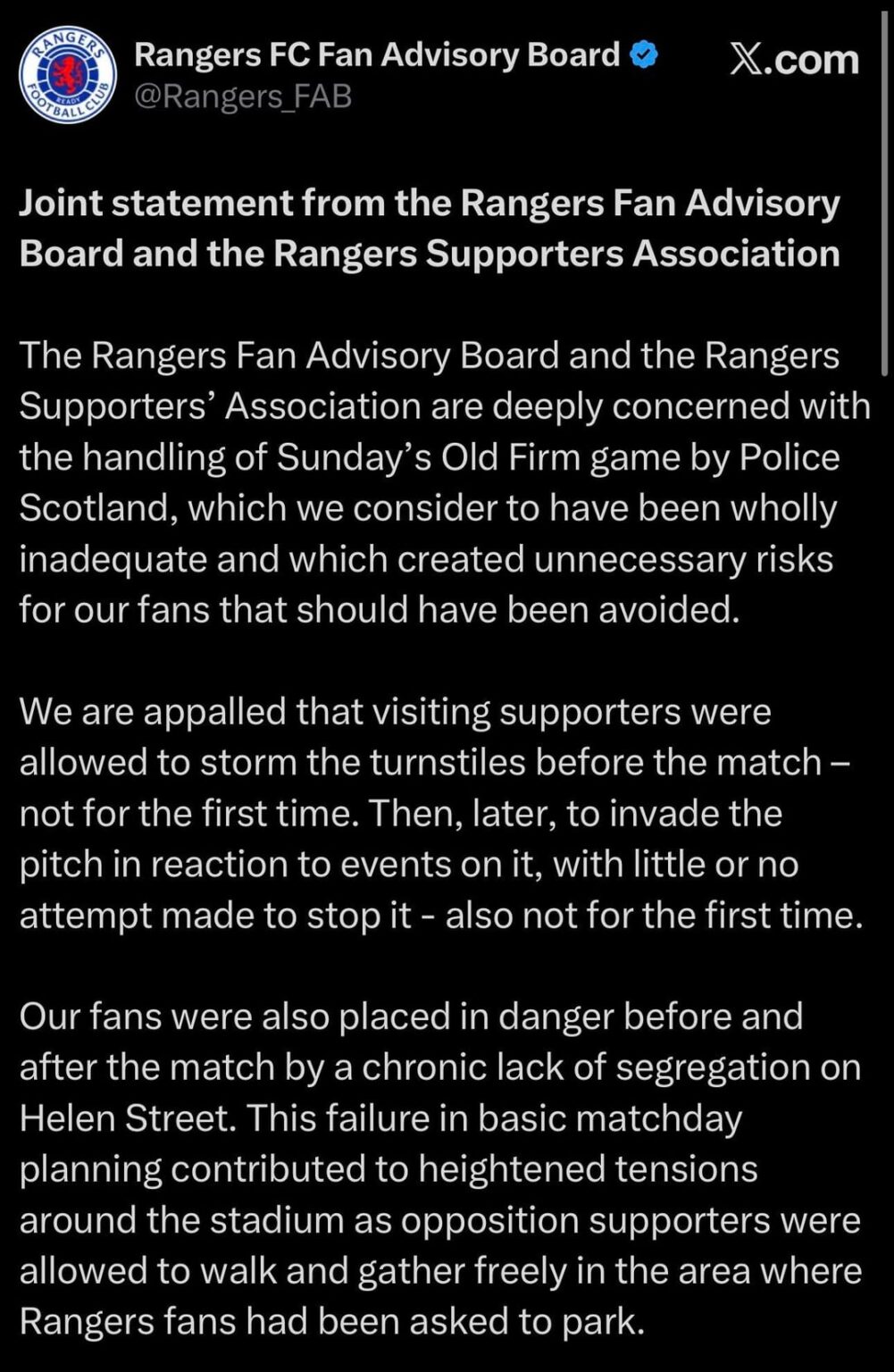 Fan Advisory Board & Rangers Supporters Association joint statement.