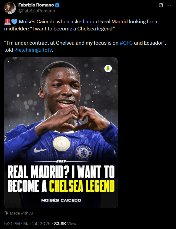 [Fabrizio Romano]  Moisés Caicedo when asked about Real Madrid looking for a midfielder: “I want to become a Chelsea legend”.

“I’m under contract at Chelsea and my focus is on #CFC and Ecuador”, told 
@elchiringuitotv