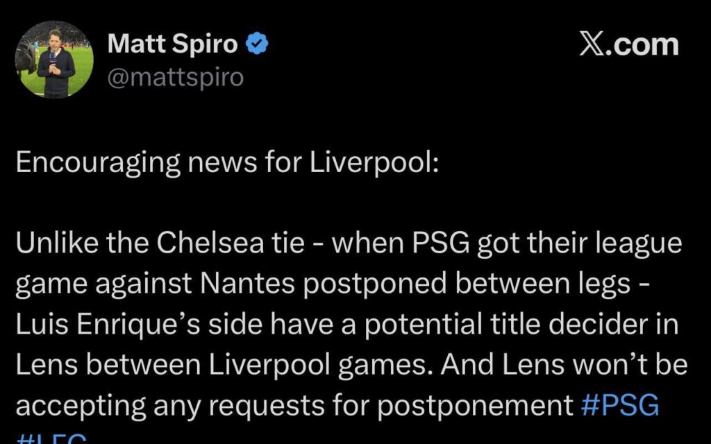[Matt Spiro] Unlike the Chelsea tie - when PSG got their league game against Nantes postponed between legs - Luis Enrique’s side have a potential title decider in Lens between Liverpool games. And Lens won’t be accepting any requests for postponement #PSG #LFC