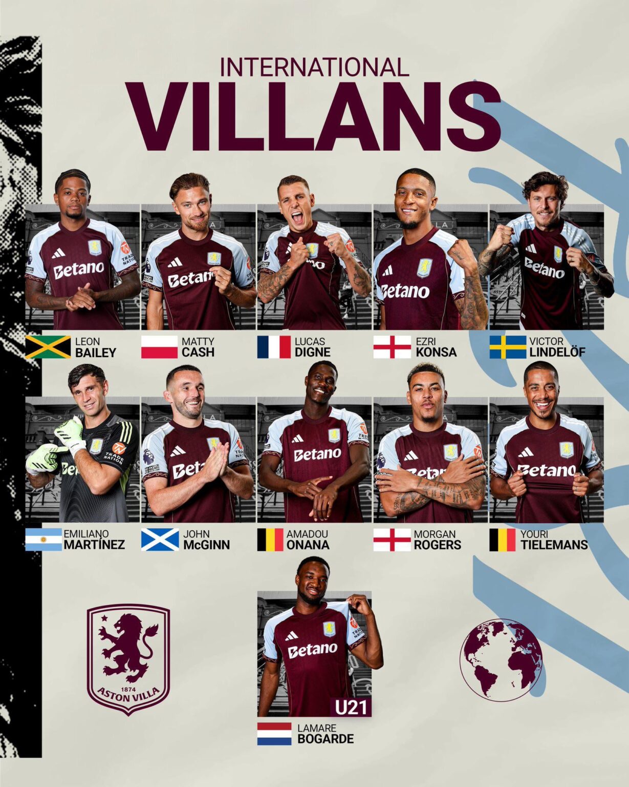 10 senior Villa players on international duty with Bogarde in the Dutch U21s