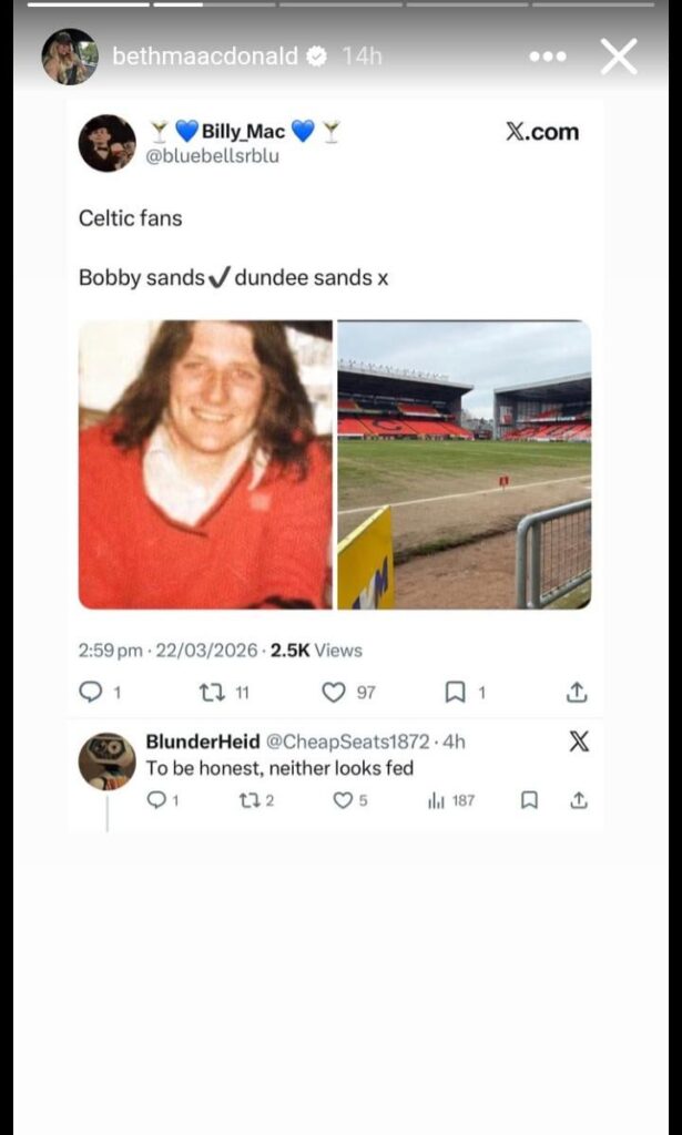 Rangers slag Beth macdonald posting this give her pelters troops she's like a poor man's Lana Wolf