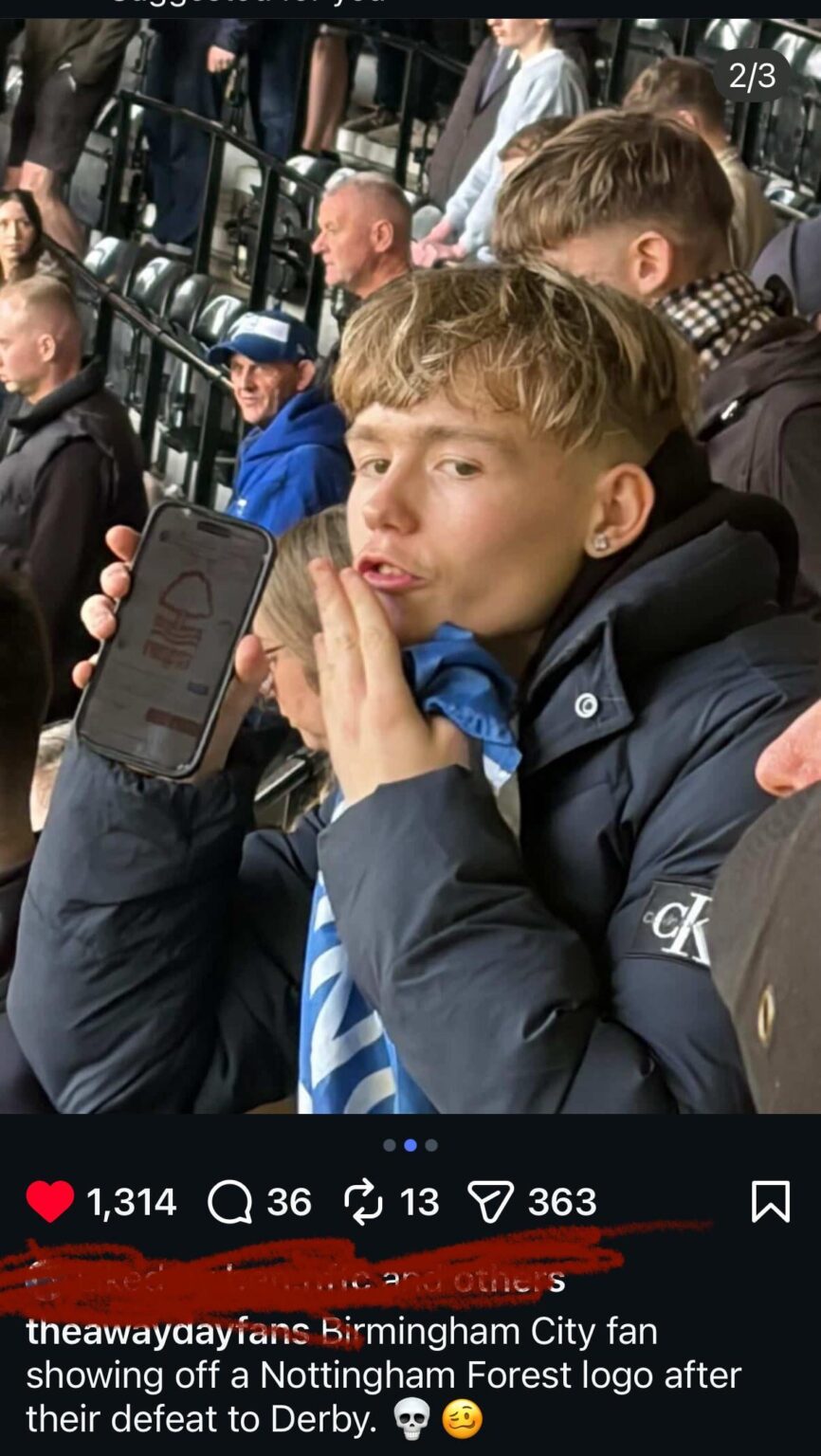 Games so back - “Birmingham City fan shows NFFC logo to Derby fans after defeat”
