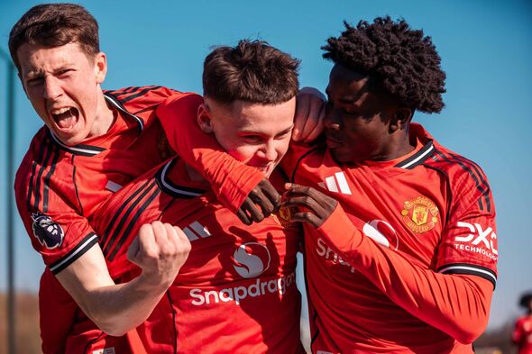 Kai Rooney of Manchester United celebrates scoring a goal to make the score 3-1 during the U18 Premier League Cup match between Kai Rooney of Manchester United celebrates scoring a goal to make the score 3-1 during the U18 Premier League Cup match between