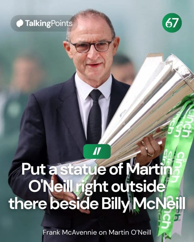 Martin O'Neill holding the Scottish Premiership trophy for Celtic against Aberdeen.