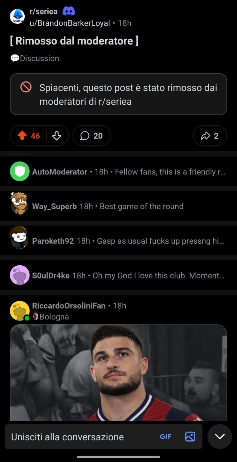 Why was the Bologna v Roma post removed