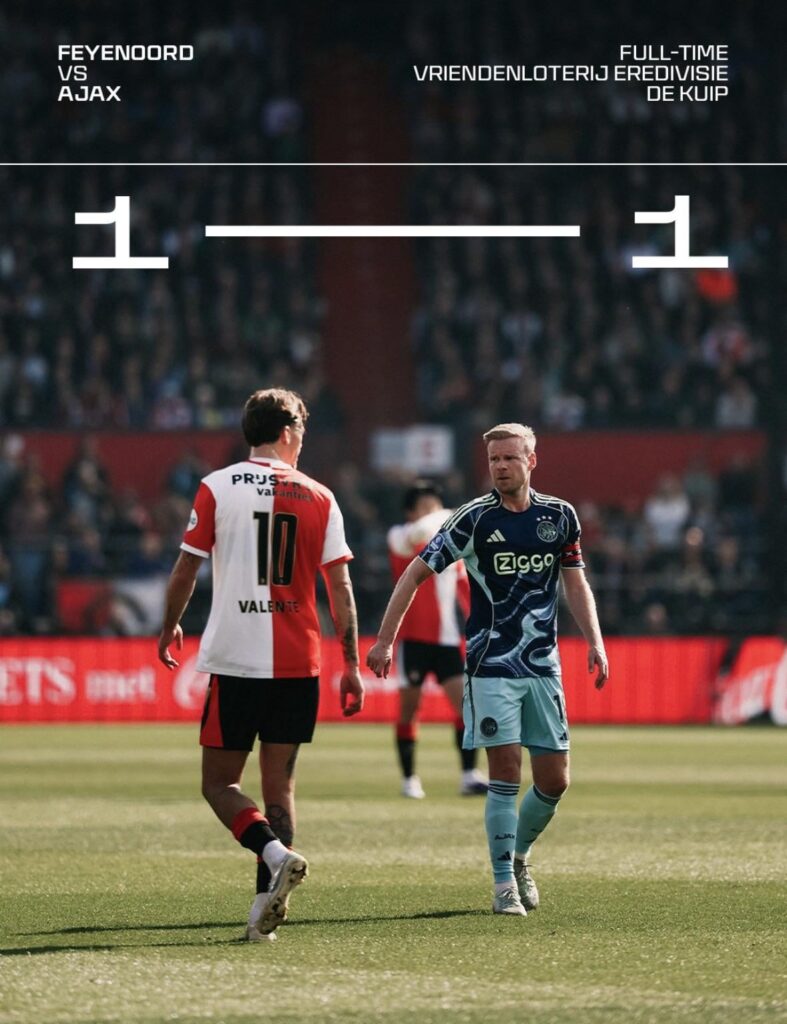 Feyenoord en Ajax scoren beide één keer en houden het op gelijkspel, tweede plek blijft lava
