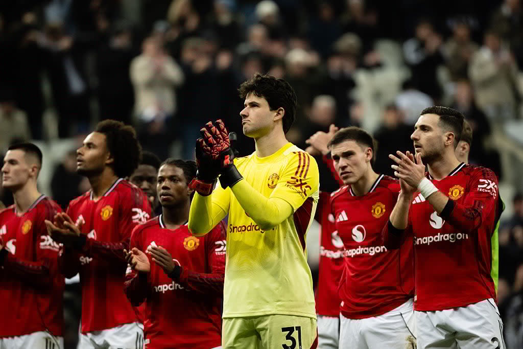 United’s players applaud the travelling fans at St James’ Park (Manchester United via Getty Imag)