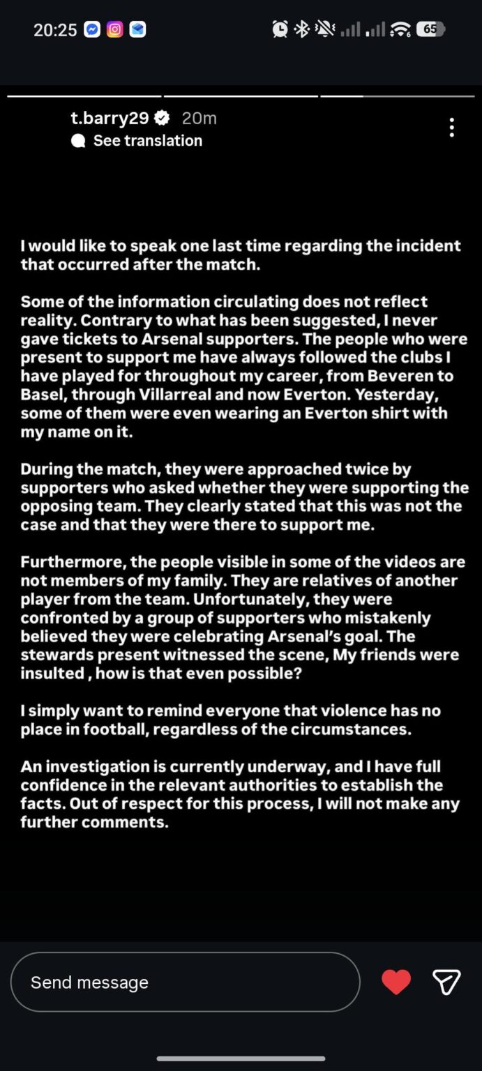 Barry's response to the Arsenal incident