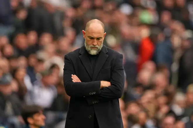 Tottenham's coach Igor Tudor reacts to Spurs' 3-0 loss to relegation rivals Nottingham Forest.