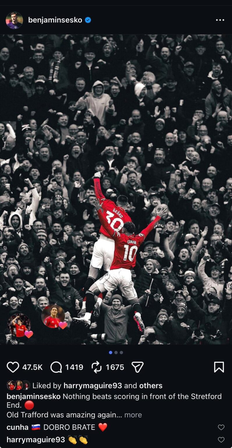 Benjamin Šeško on IG: “Nothing beats scoring in front of the Stretford End. 🔴 “Old Trafford was amazing again! “Great job Cunha, thanks for jumping in! ✈️ 😂”