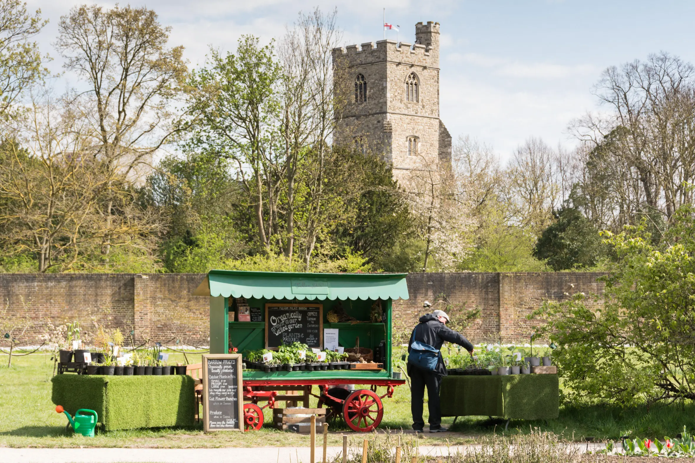 A person tends to plants for sale at a green roadside stall, with All Saints Parish Church visible in the background.