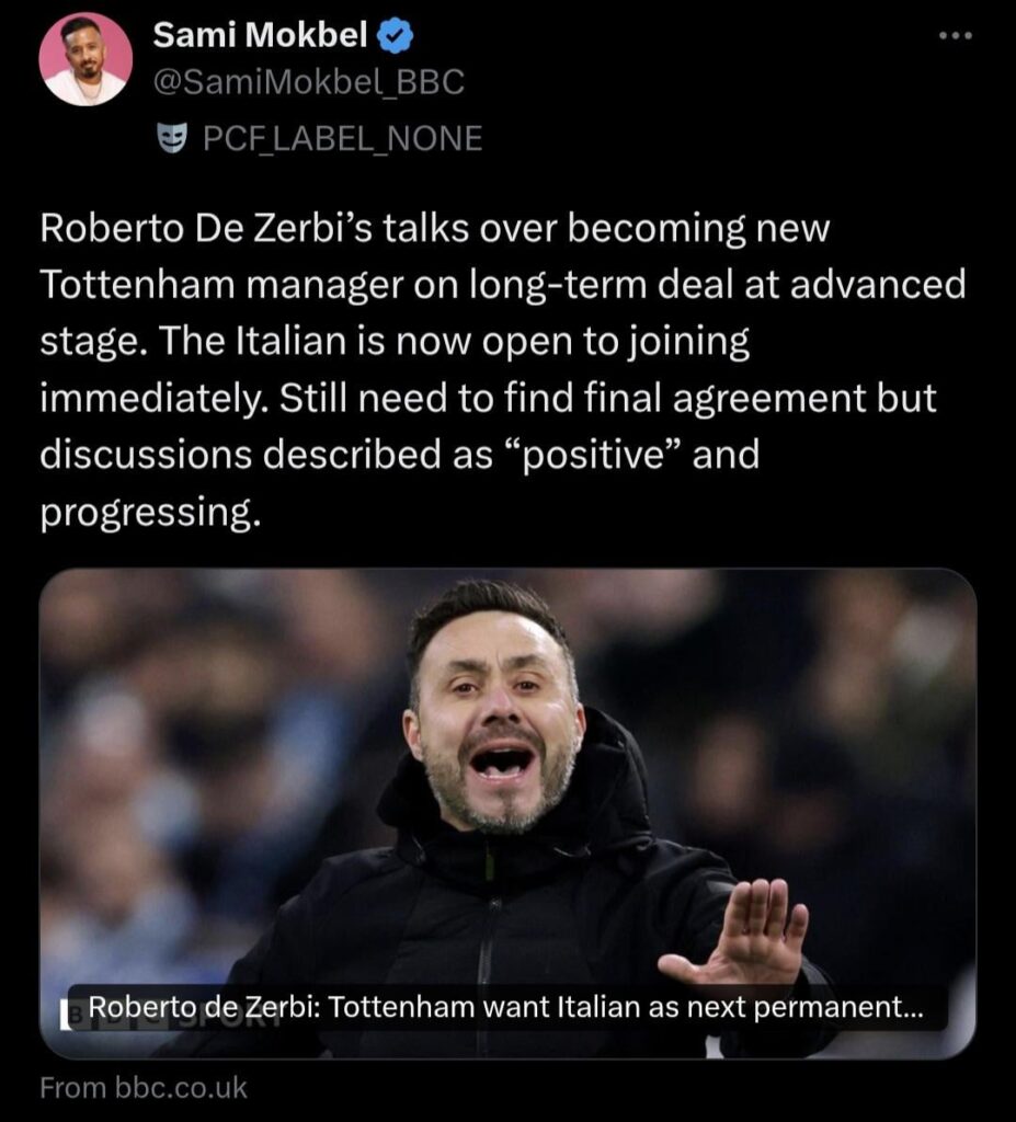 [SamiMokbel_BBC]. Roberto De Zerbi's talks over becoming new Tottenham manager on long-term deal at advanced stage. The Italian is now open to joining immediately. Still need to find final agreement but discussions described as "positive" and progressing.