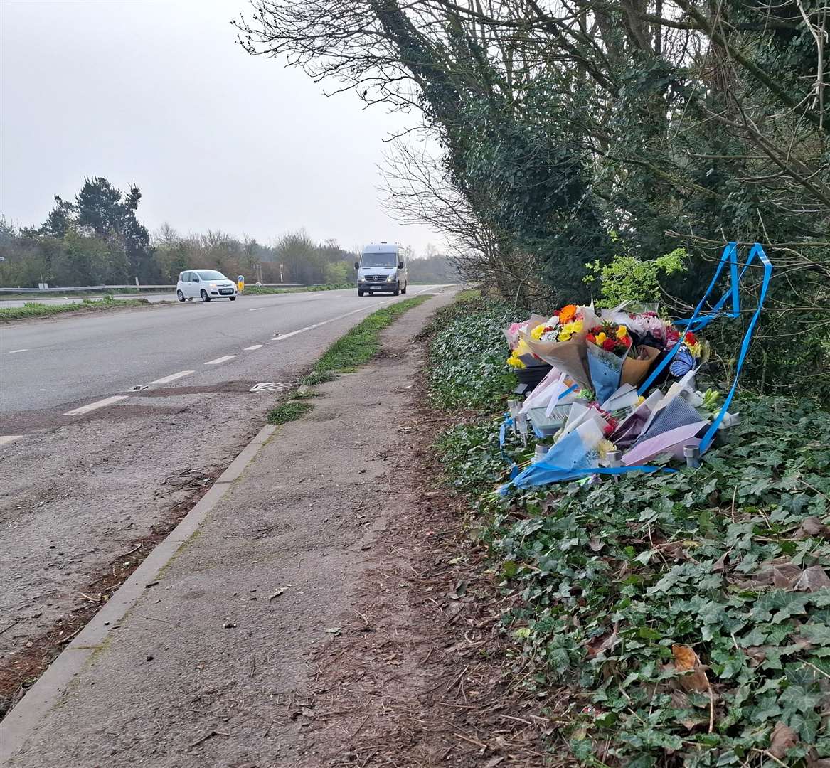 Floral tributes left by the A20 in Farningham, near Swanley, for PC Bradley Corke. Picture: KentOnline