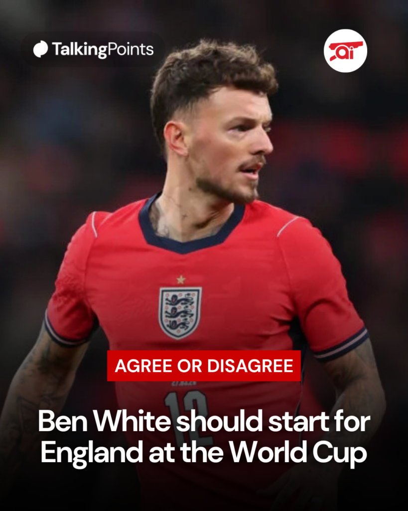 Image of Ben White in action for England, overlaid a question asking England fans if he should start at the World Cup