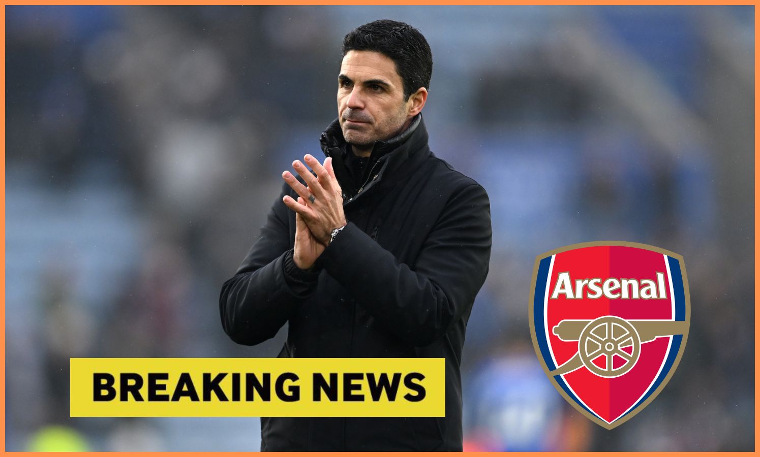 Mikel Arteta, Arsenal FC logo and yellow 'breaking news' banner
