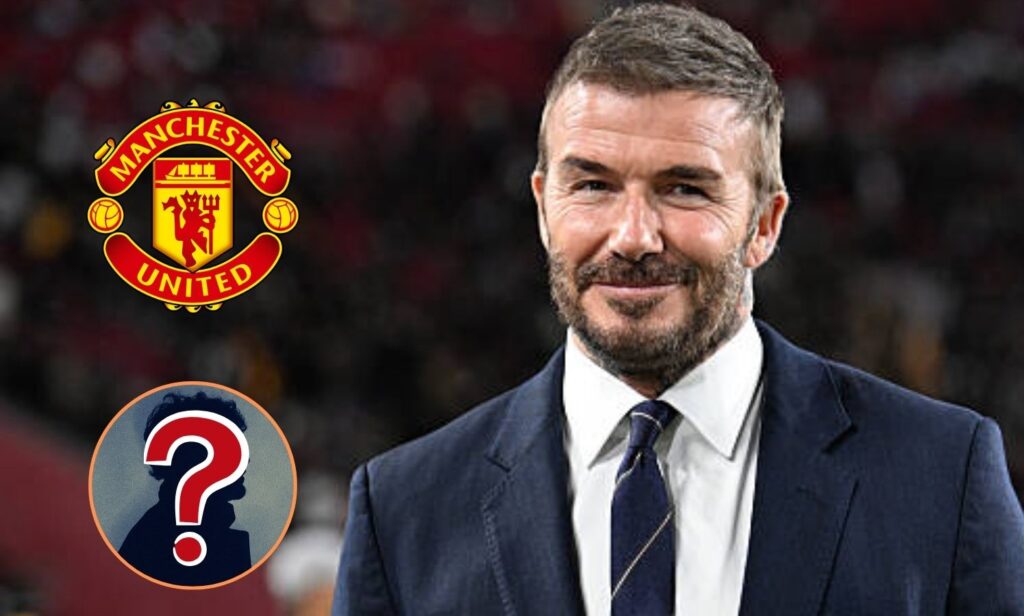 David Beckham with overlay of Man United badge and mystery player