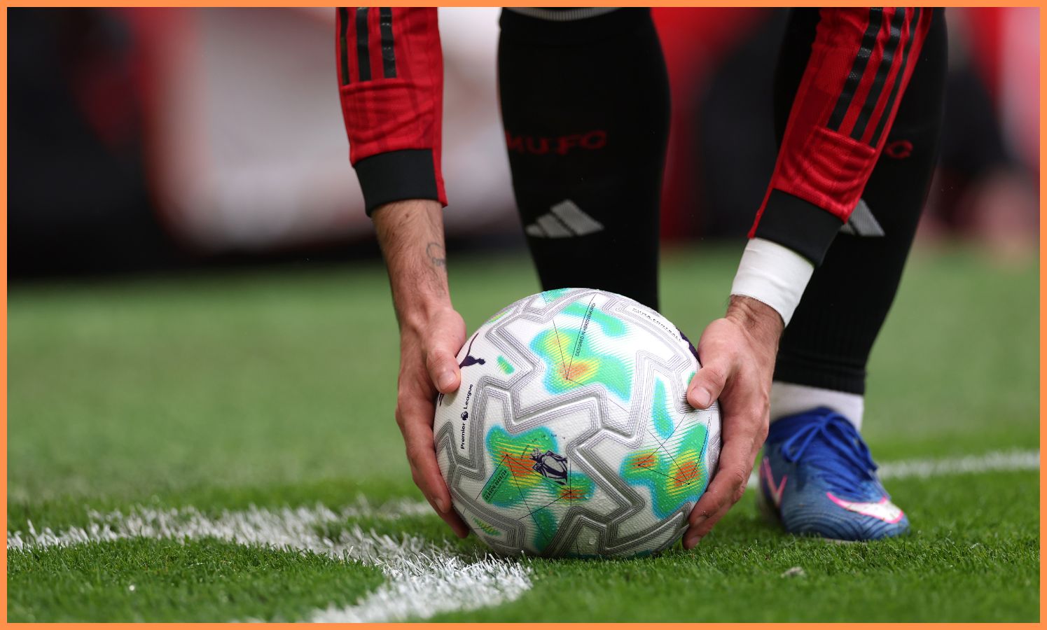 Bruno Fernandes preparing to take a corner for Manchester United