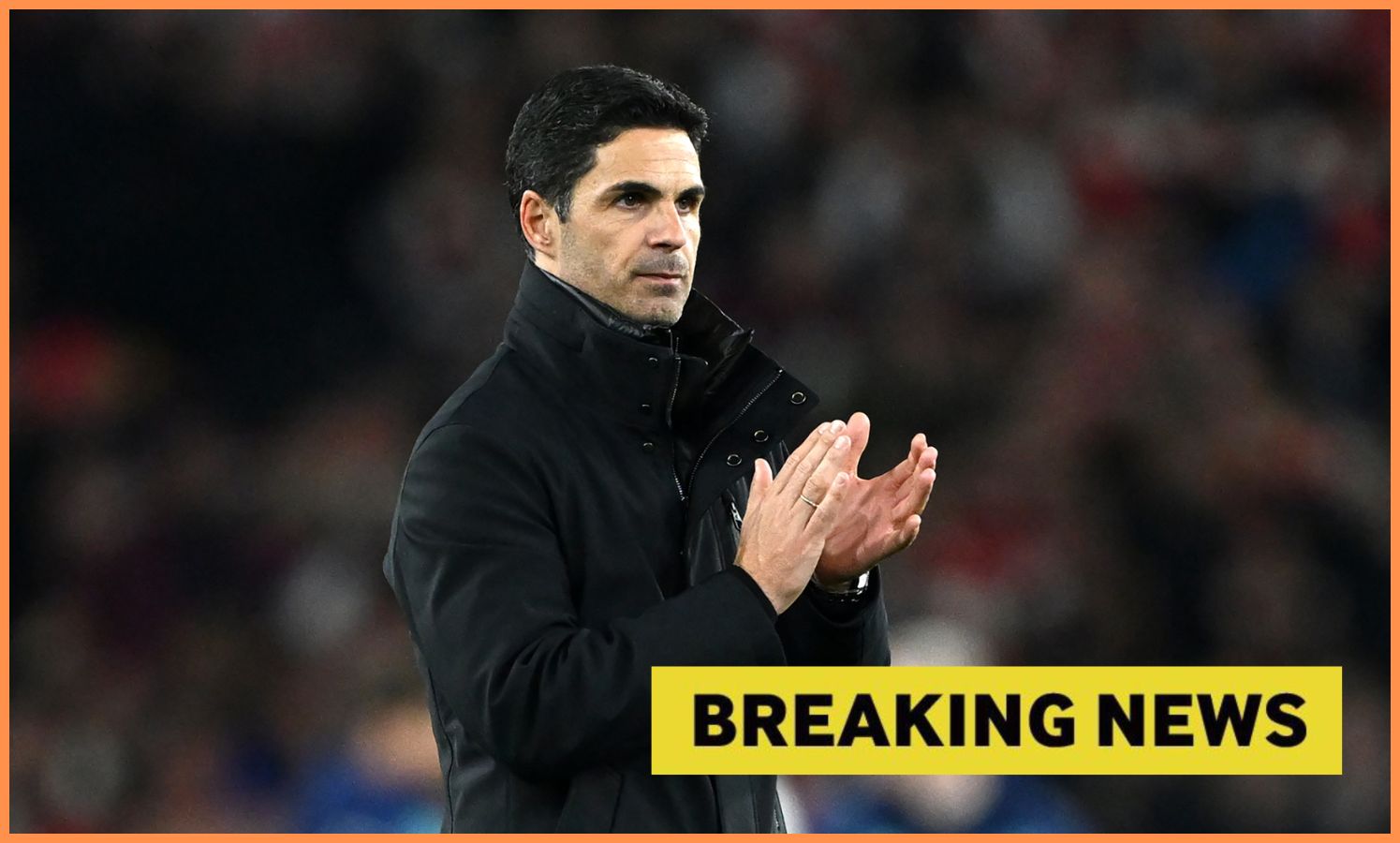 Arsenal manager Mikel Arteta and yellow 'breaking news' banner