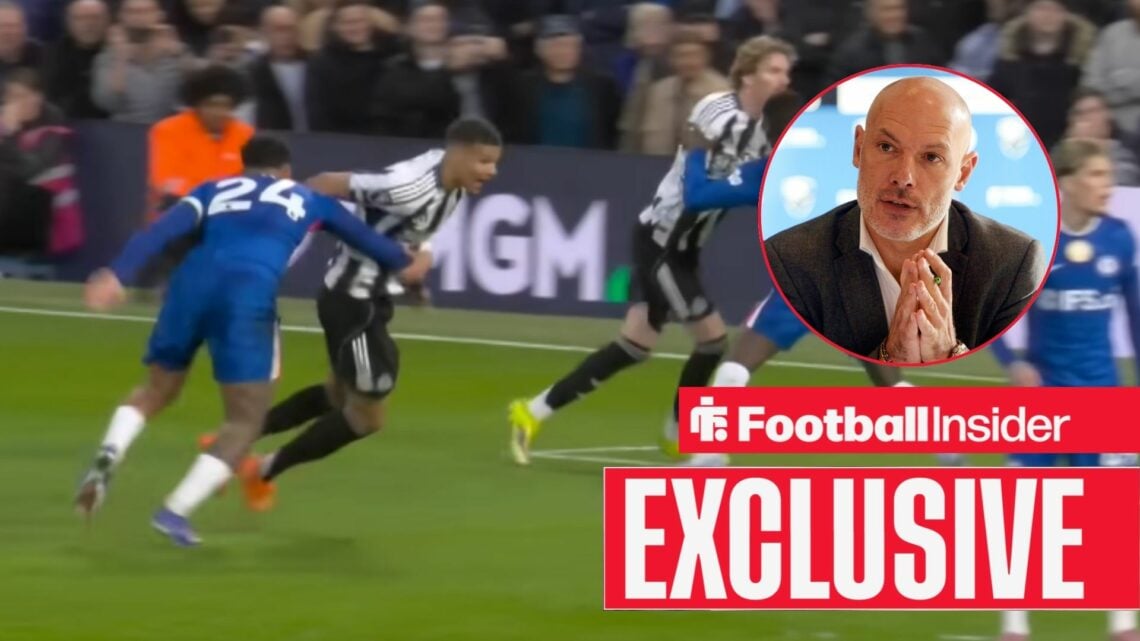 Reece James hauls Malick Thiaw to the floor inside the penalty area on 14 March, 2026 / Howard Webb of the Professional Referee Organization PRO ad...