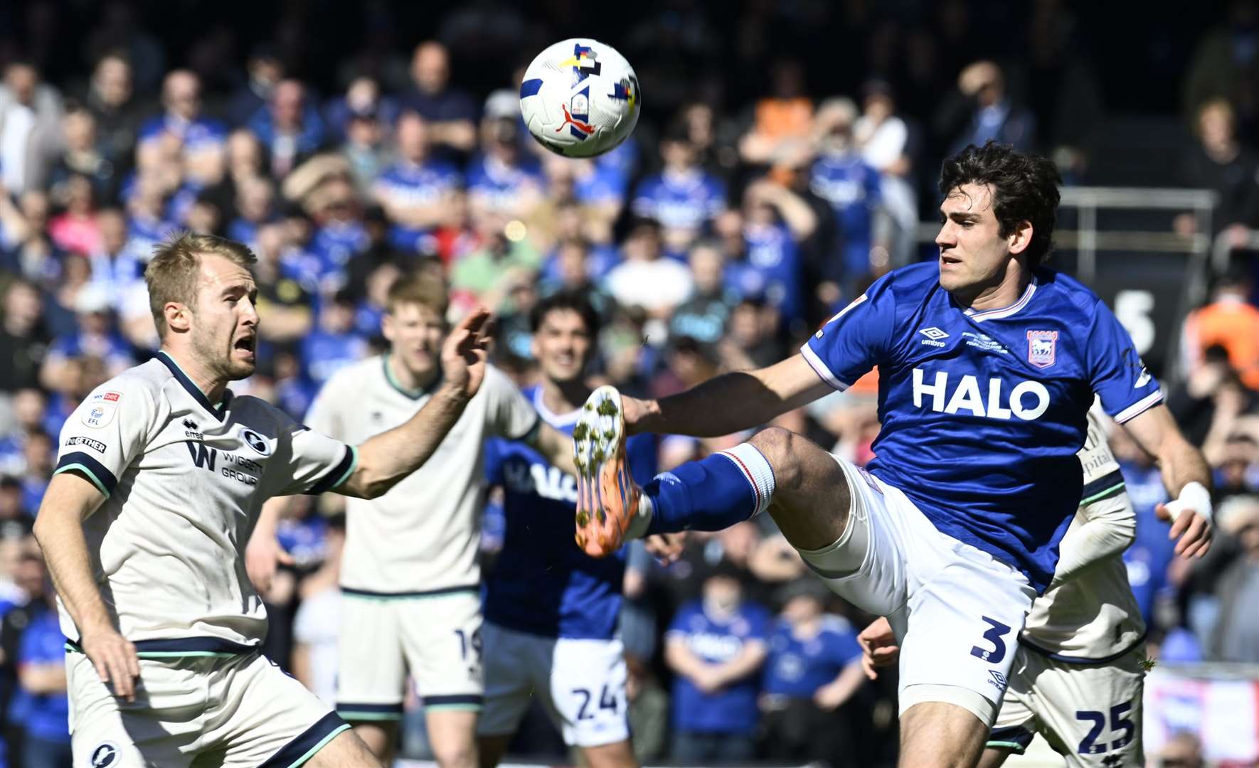 Ipswich’s Ivan Azon in the thick of the action against Millwall. Photo: Barry Goodwin