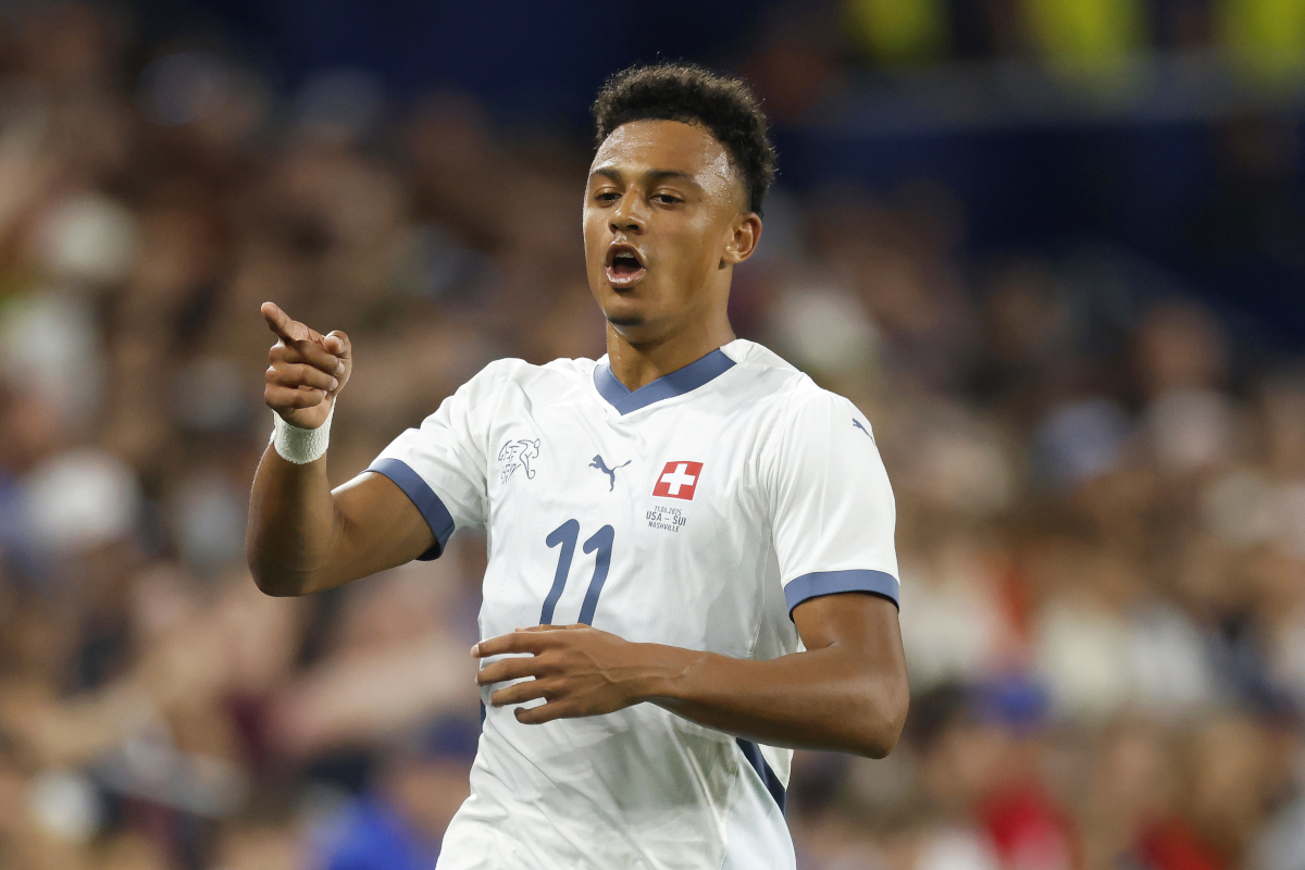 NASHVILLE, TENNESSEE - JUNE 10: Dan Ndoye #11 of Switzerland reacts to a play during the second half of the match against the United States at GEODIS Park on June 10, 2025 in Nashville, Tennessee. (Photo by Johnnie Izquierdo/Getty Images)