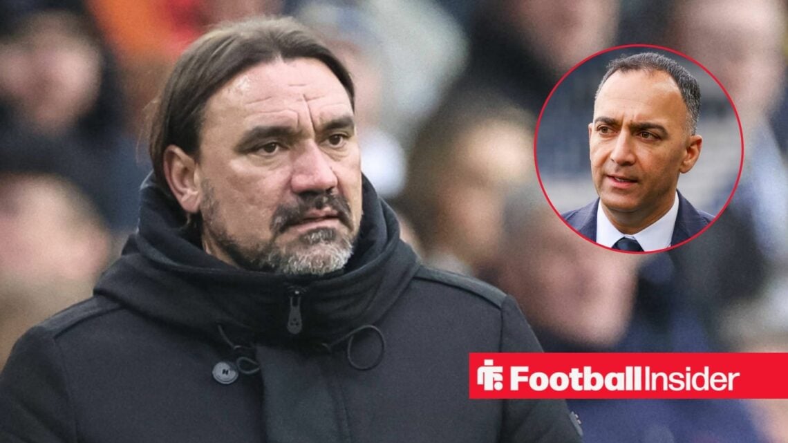 Daniel Farke on the sidelines at Elland Road, with Paraag Marathe in a circular inset