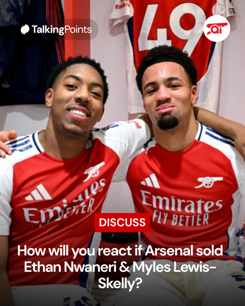 Image of Ethan Nwaneri and Myles Lewis-Skelly in the Arsenal dressing room, overlaid a question asking fans how they would react if the duo is sold