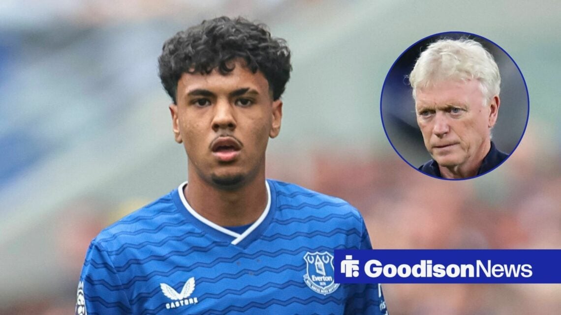 Everton defender Adam Aznou and David Moyes in circular inset