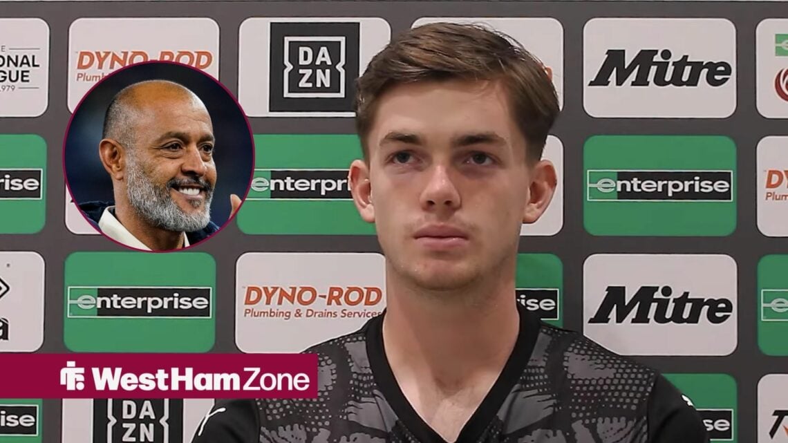 Finlay Herrick doing an interview at Boreham Wood, West Ham boss Nuno Espirito Santo looking happy in inset.