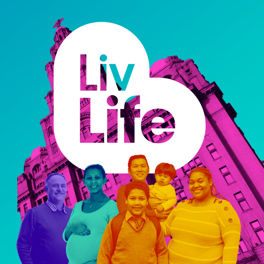 Liv Life Liverpool delivers life-changing impact in just 12 months Liv Life Liverpool logo with a group of people smiling underneath in front of the Liver Building