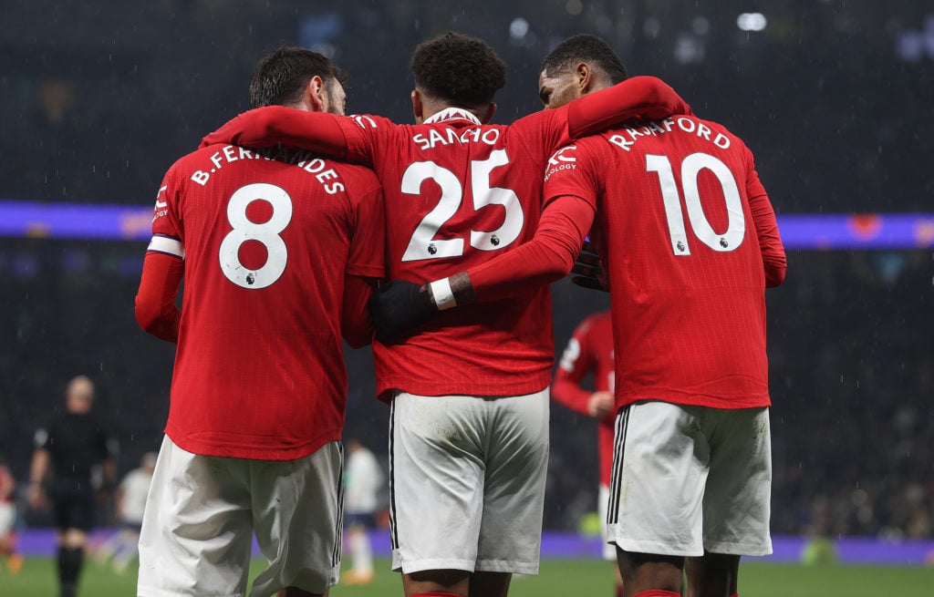 Marcus Rashford of Manchester United celebrates scoring their second goal during the Premier League match between Tottenham Hotspur and Manchester United at Tottenham Hotspur