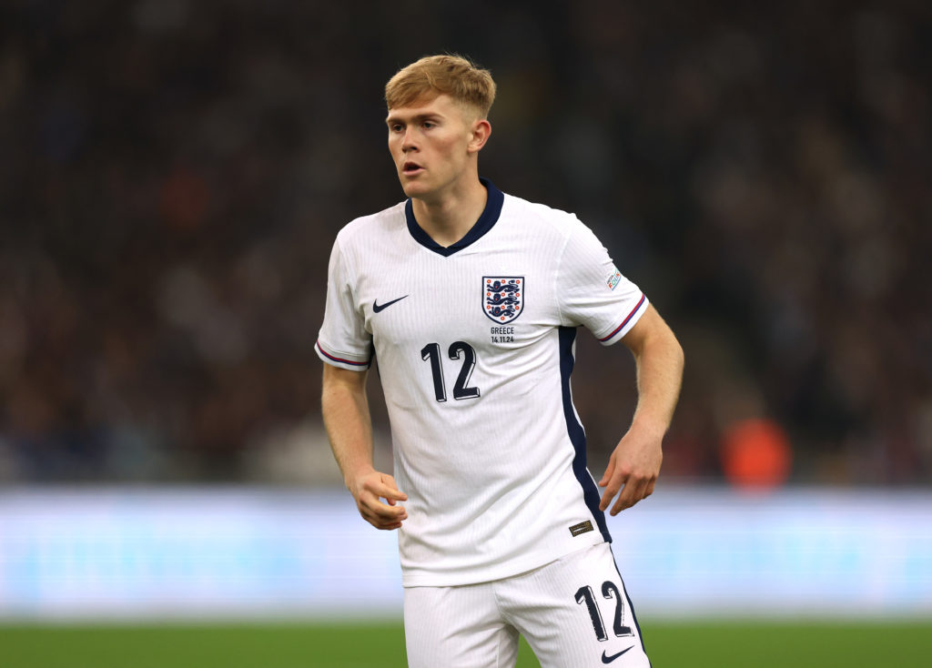 Lewis Hall playing for England in the UEFA Nations League against Greece.