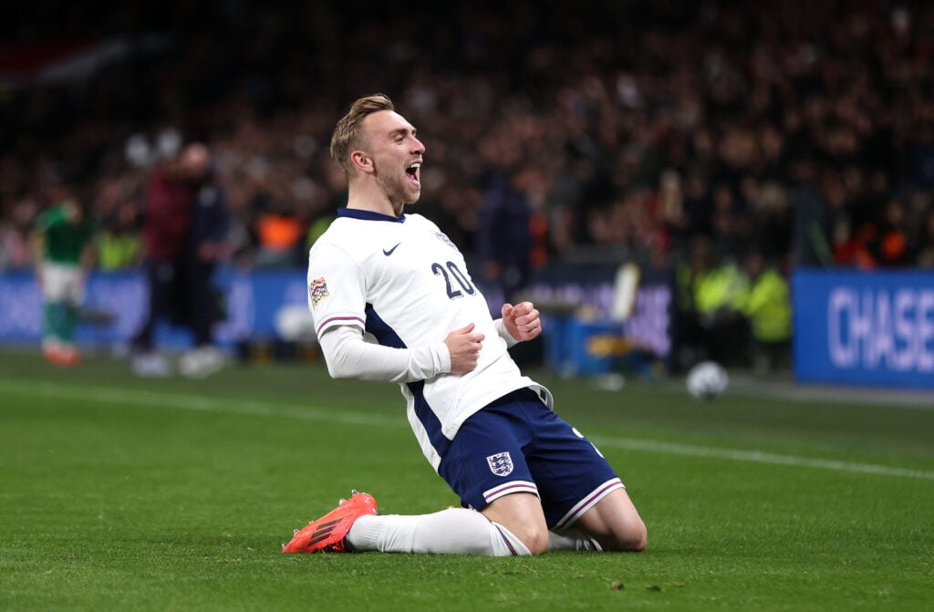 Jarrod Bowen celebrates scoring his sides fourth goal during the UEFA Nations League 2024/25 League B Group B2 match between England and Republic of Ireland