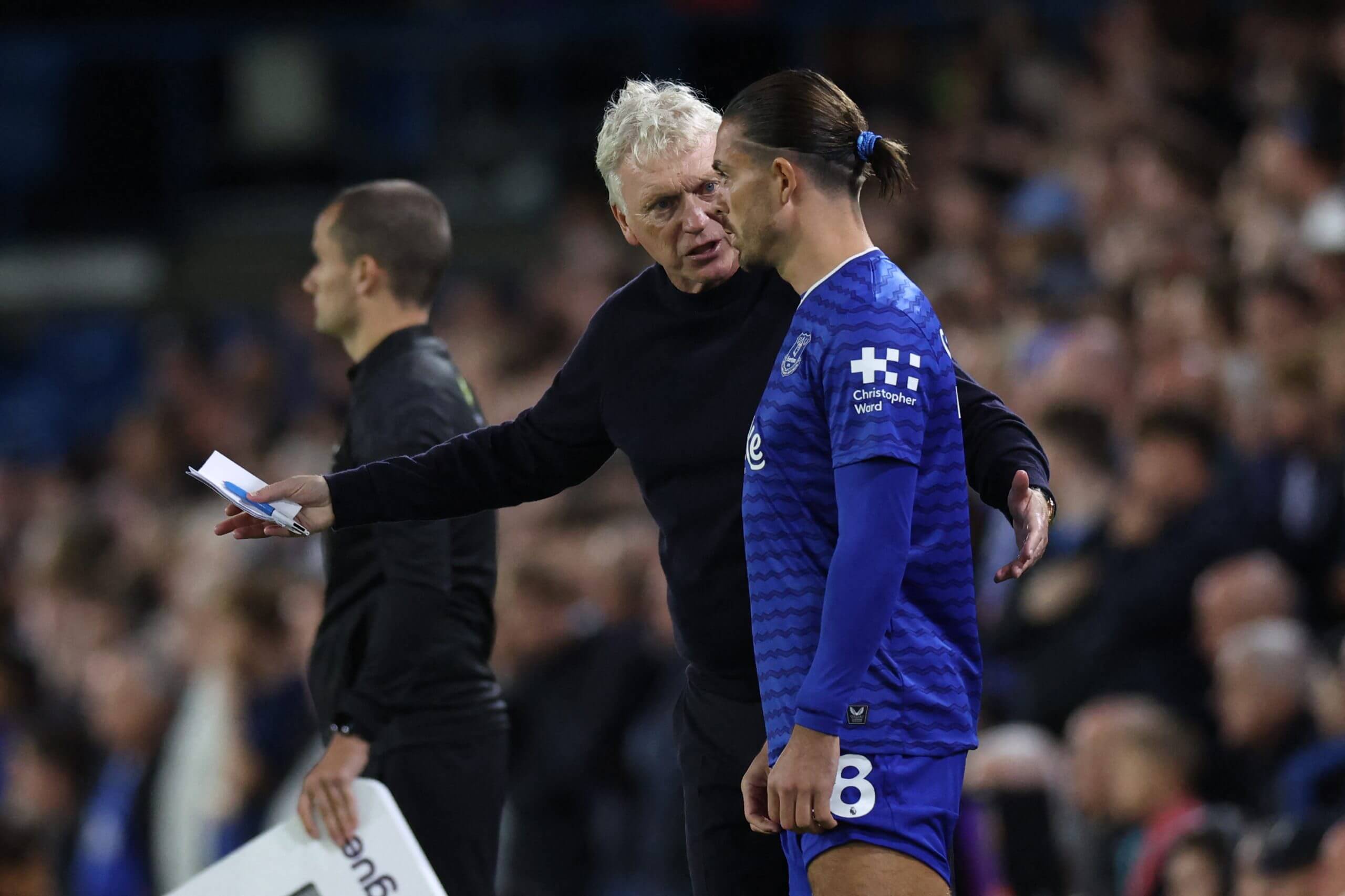 David Moyes gives instructions to midfielder Jack Grealish as he prepares to come on as a substitute