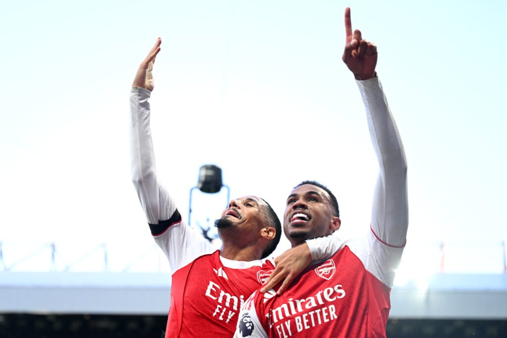 William Saliba and Gabriel Magalhaes celebrate during Newcastle United v Arsenal in the Premier League.