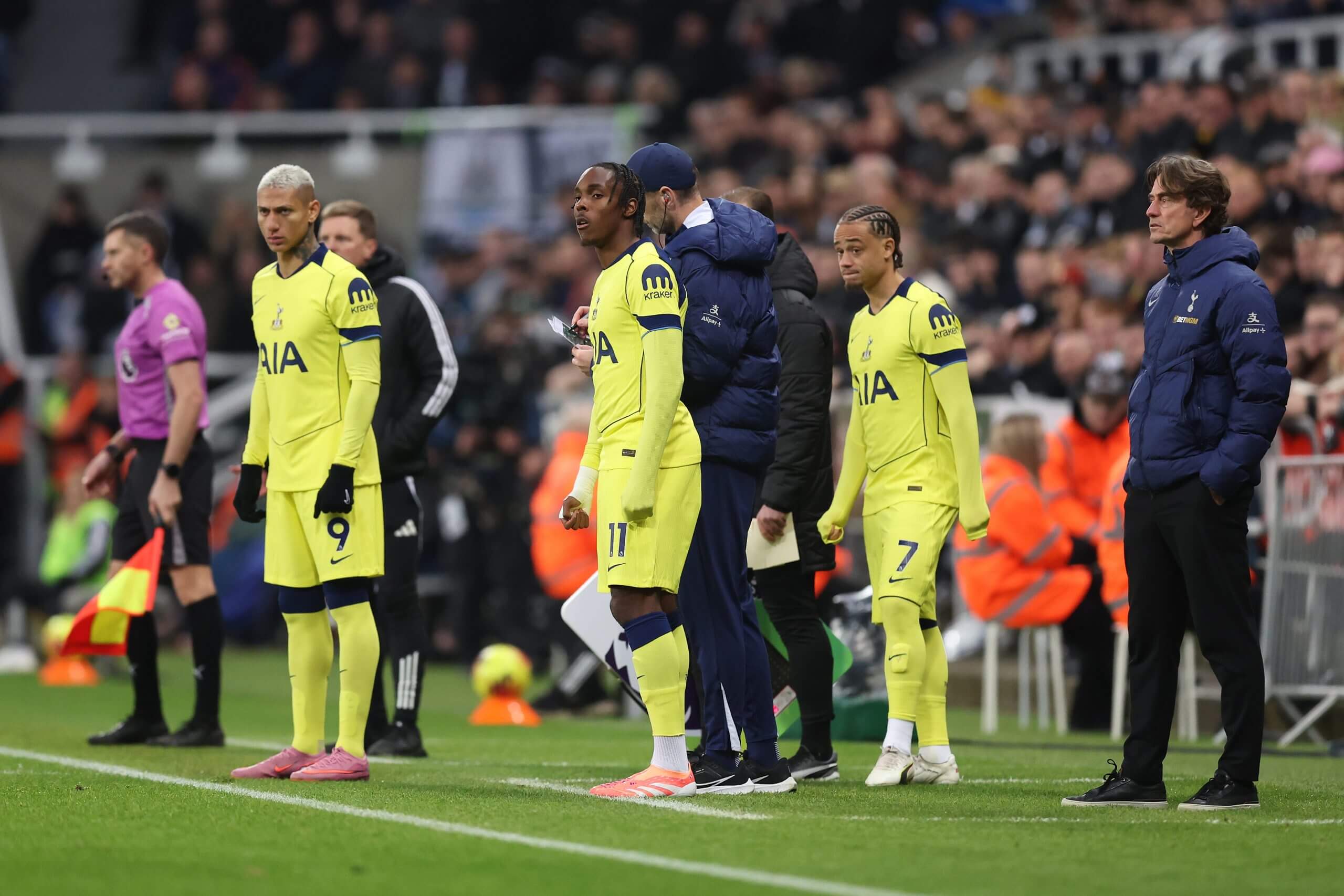 Richarlison, Mathys Tel and Xavi Simons of Tottenham Hotspur prepare to come onto the pitch