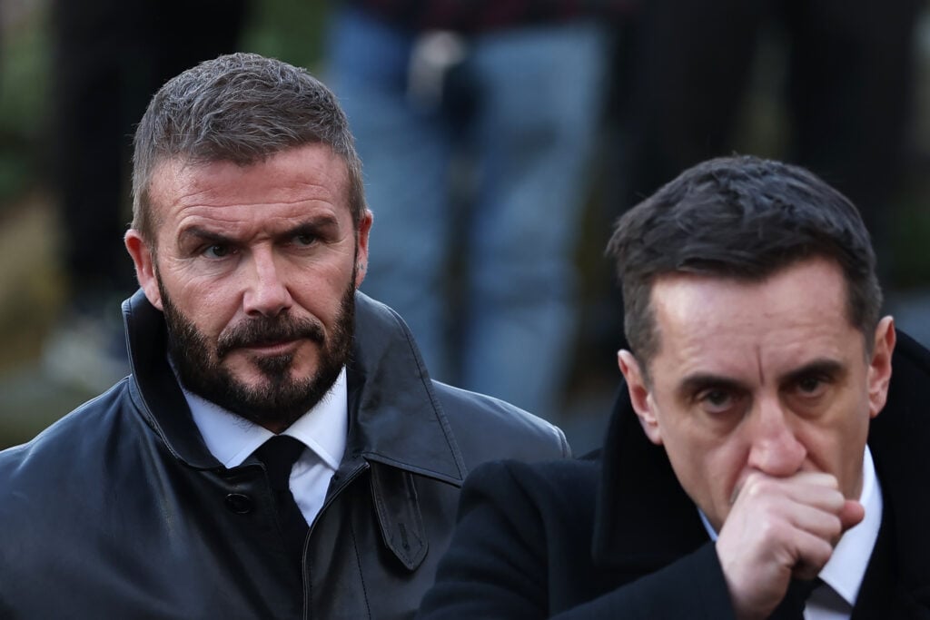Manchester United and England legend Sir David Beckham attends the funeral of former Manchester United receptionist Kath Phipps in 2025 in Manchester, England.