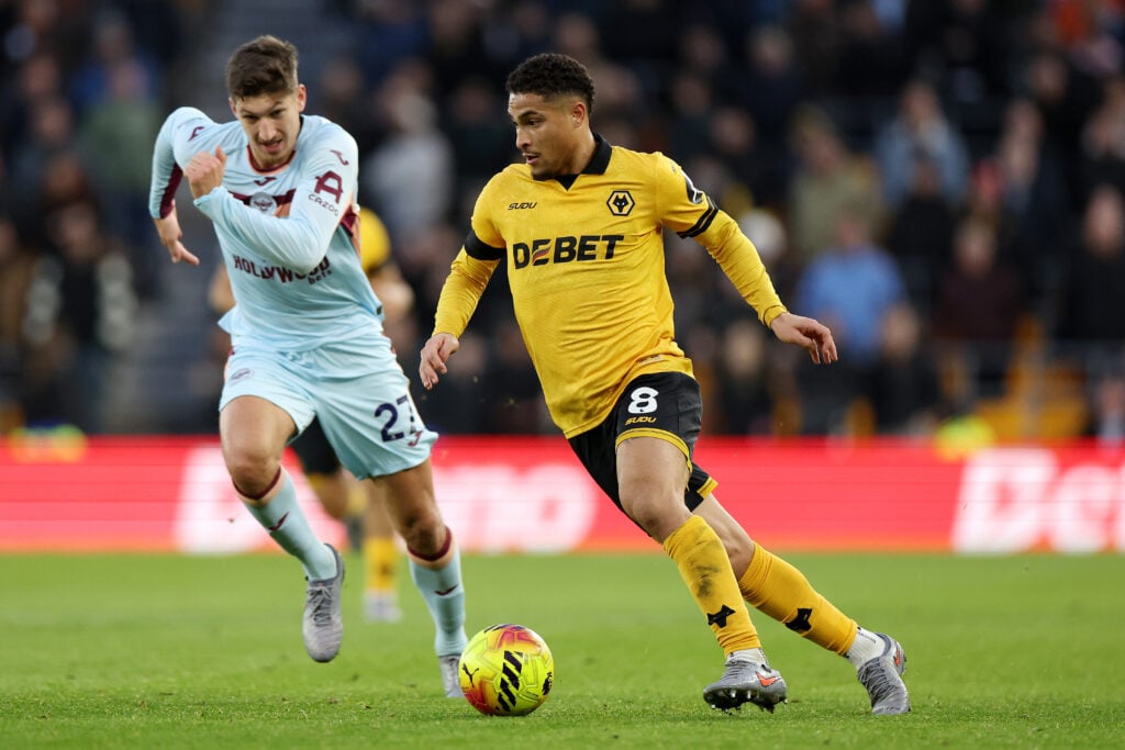 Joao Gomes on the ball for Wolves.